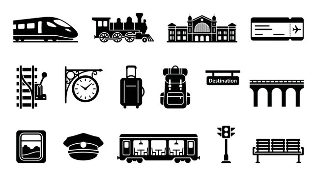 Collection of travel and transportation icons featuring trains stations and related accessories on transparent background
