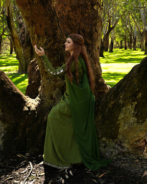 full length portrait of beautiful female model, sitting figure, wearing green medieval historical gown costume with cloak. Magical forest background with trees.
