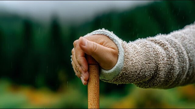 Hand holding a walking stick in a forest during rain with trees in the background