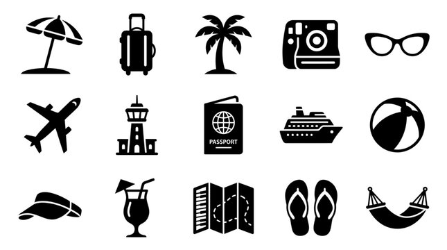 Collection of Travel and Vacation Icons Showing Various Holiday Essentials and Activities