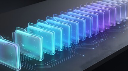 Fototapeta premium Digital data folders in a row with glowing blue and purple light