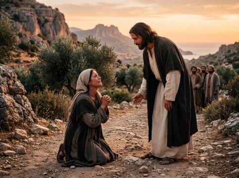 Woman kneeling, pleading for healing from Jesus