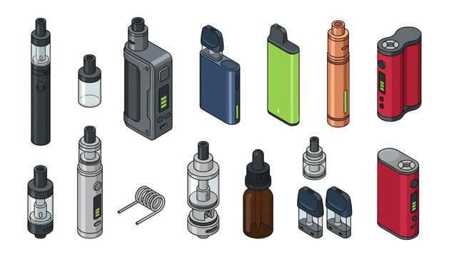 Isometric Electronic Cigarette and Vape Device Vector Set Featuring Box Mods Disposable Pods Liquid Dropper Bottle Replacement Coils and Cartridge Tanks