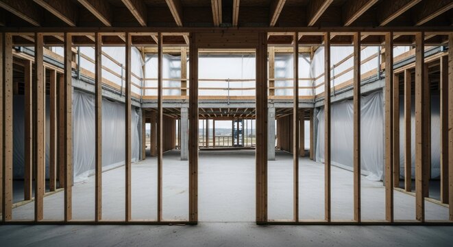 Unfinished interior room with wood framing, open doorway, and concrete floor