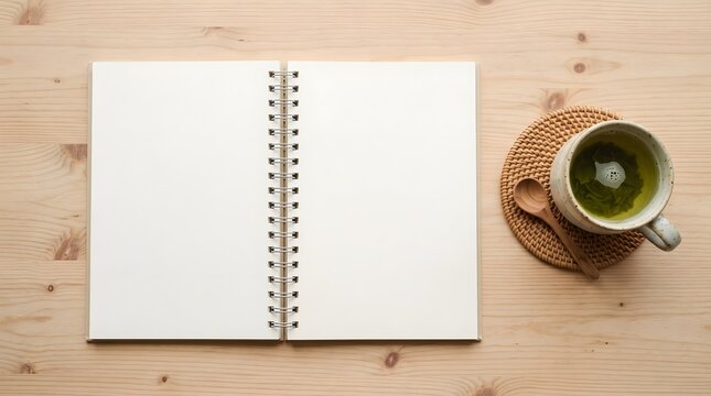 Relaxing morning setup of an open blank notebook with a cup of green tea on a woven rattan coaster and light pine wood