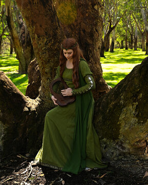 full length portrait of beautiful female model, sitting figure playing musical harp instrument, wearing green medieval historical gown costume with cloak. Magical forest background with trees.