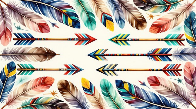 Colorful watercolor feathers and tribal arrows arranged in a pattern. This artistic design features vibrant hues and decorative elements. Ideal for invitations, scrapbooking, or boho-themed projects.
