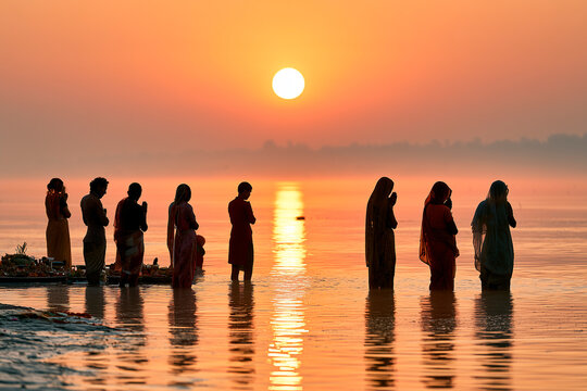 Devotees Performing Chhath Puja at Sunrise in River, India