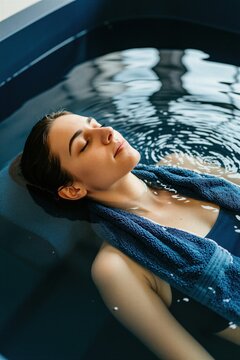 Young woman floats in dark water tank during sensory deprivation therapy session. Person relaxes with eyes closed in calm pool for mental relief. Wellness client finds peace inside private spa room