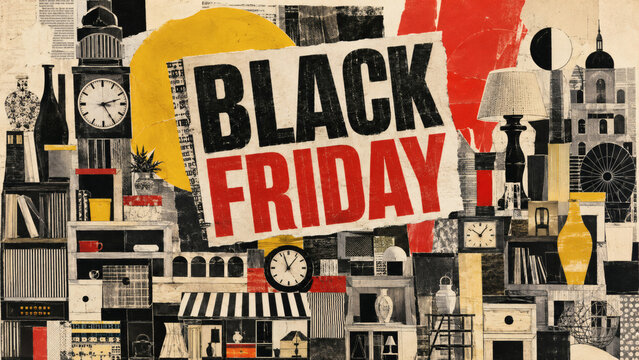 Black Friday promotional collage with clocks, vases, and lamps  