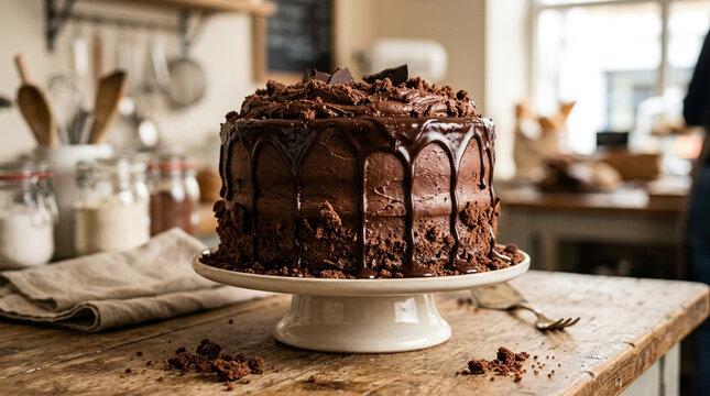 Decadent Chocolate Drip Cake on Rustic Kitchen Counter