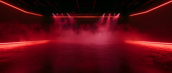 Naklejka premium Here's a red ice rink backdrop illuminated by red neon lights and spotlights, complete with smoke effects. Perfect for hockey games, winter promotions, and ice skating scenes. Suitable for stadiums an