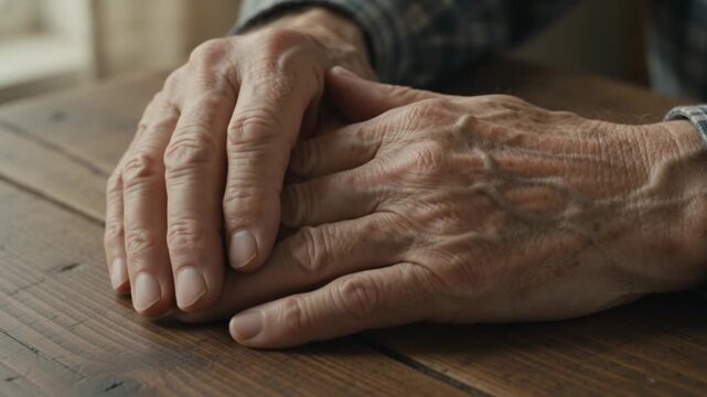 Elderly hands clasped together on wooden table with triptych elderly background wrinkled fingers joints indoor window aging nails watch with plaid
