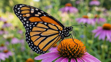 Obraz premium Monarch Butterfly on Purple Coneflower in Garden