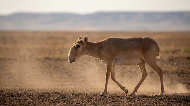 Critically Endangered Saiga Antelope Walking through Dusty Steppe at Sunset in Central Asia