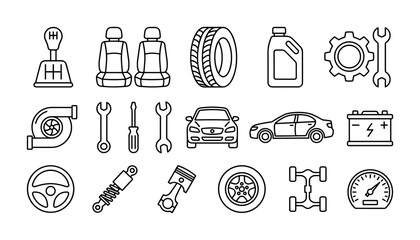 Fototapeta premium Automotive parts and car repair thin line icon set featuring various vehicle mechanism elements tools and garage equipment