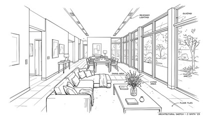 Fototapeta premium Modern residential open plan house interior architectural sketch showing spacious living room dining area and panoramic glass windows
