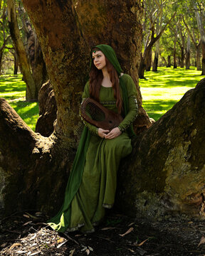 full length portrait of beautiful female model, sitting figure playing musical harp instrument, wearing green medieval historical gown costume with cloak. Magical forest background with trees.