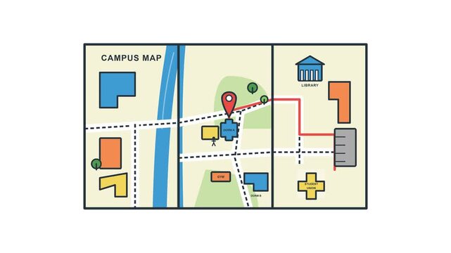 University campus map illustration showing academic buildings, navigation routes, and location pin for student orientation and wayfinding