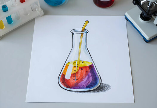 Hand drawn illustration of a conical flask with colorful liquid and a stirring rod on a white paper science education
