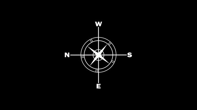 Compass icon with directional arrows animation on black background. Navigation compass line icon rotating animation representing cardinal directions and geographic orientation