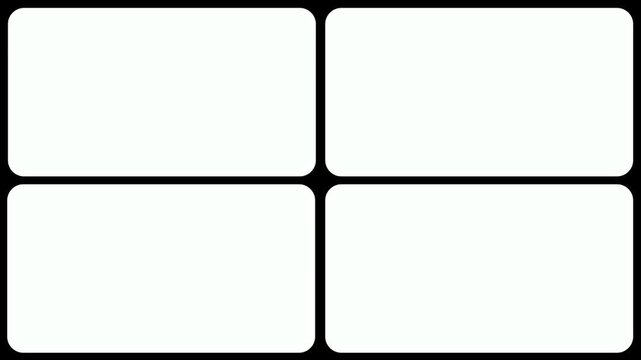 Transition elements for white four window frame grid animation on black transparent background. Split screen film frame matte animation. Split screen 2D motion graphics animation elements