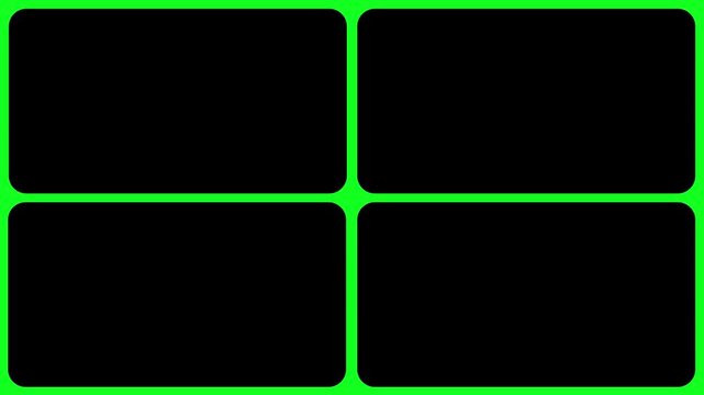 Transition elements for black four window frame grid animation on green transparent background. Split screen film frame matte animation. Split screen 2D motion graphics animation elements