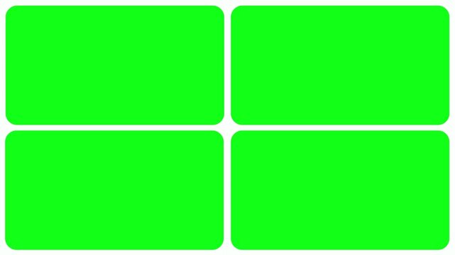 Transition elements for green four window frame grid animation on white transparent background. Split screen film frame matte animation. Split screen 2D motion graphics animation elements