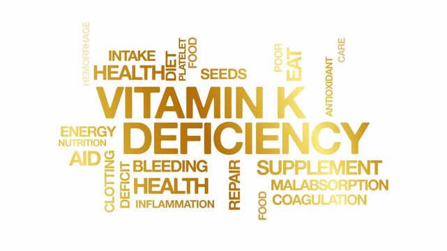 Vitamin K deficiency concept Animated Tag Word Cloud kinetic typography, Text Design Animation typography seamless loop video motion graphics Intro Wordart arrangement golden type on white background 