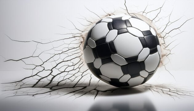 soccer ball on white surface next to a deep crack pattern conceptualizing impact