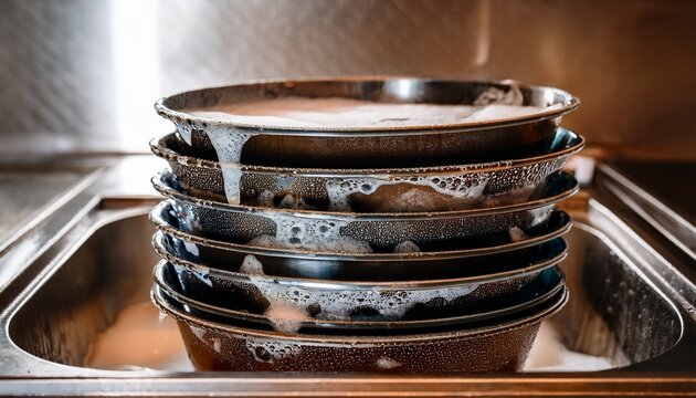 commercial kitchen cleaning challenge showing a stack of dirty baking pans covered in soap suds during a restaurant dishwashing process