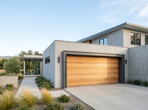 Minimalist modern garage facade with horizontal timber slat door smooth concrete walls natural lighting for suburban luxury residential housing.