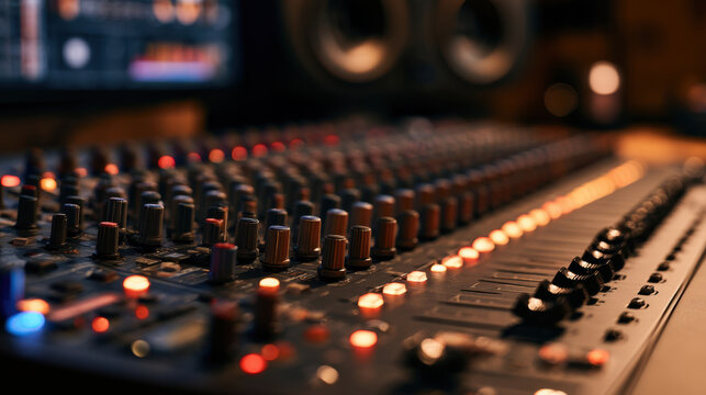 professional audio mixing console with glowing control knobs and illuminated faders in warm ambient music recording studio environment for sound engineering and music production concept design work
