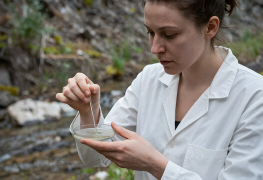 Female scientist in a white lab coat collecting water samples from a natural stream for environmental analysis, She is using a pipette to transfer liquid into a petri dish for environmental