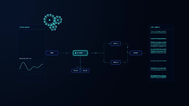 Abstract digital data processing on a dark blue background a complex system with input output and sensor data display visual representation of information flow in motion.