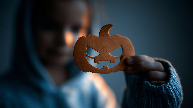 Child holding an orange jack-o-lantern cookie cutout for halloween with trick or tre