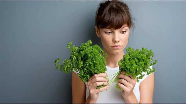 Woman holds a bunch of fresh parsley close to her face in a simple indoor setting