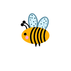 Cute hand drawn cartoon bee illustration with a bright yellow striped body, blue wings, black antennae, and a friendly pink cheek on a black background.