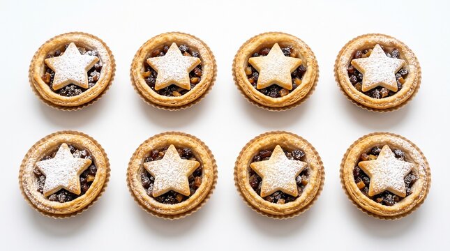 Traditional Christmas mince pies with star crust, festive fruit tarts on white background, holiday dessert pastries with powdered sugar