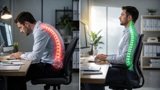 Comparison of good versus bad posture at computer, highlighting benefits of ergonomic seating.