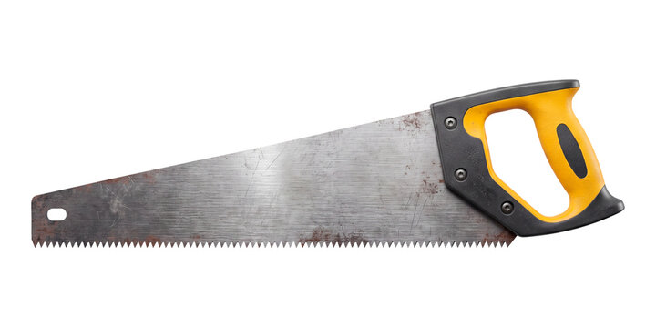 Metal hand saw with yellow handle isolated on a white and transparent background. Woodworking tool.