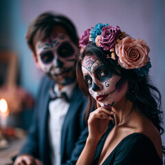 Obraz premium Man and woman with intricate skull makeup and formal attire at celebration, portrait