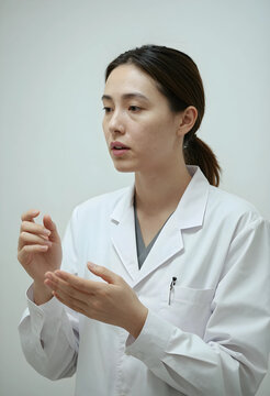 Female doctor or scientist in a white lab coat explaining medical or scientific concepts with hand gestures, She uses hand gestures to emphasize her points during a consultation or presentation