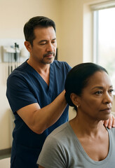 Obraz premium Male doctor in scrubs examining a mature african american womans shoulders and neck in a medical office, the physician is focused and attentive, providing care during a physical examination