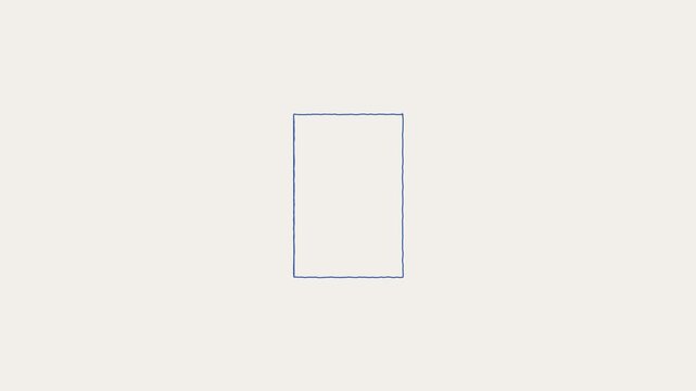 Minimalist rectangle shape graphic animation featuring hand drawn blue border outline flickering with jittery motion style against clean off white background loopable motion footage.