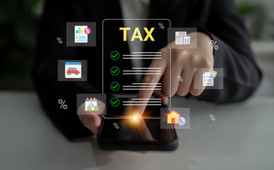 A person interacts with a smartphone displaying tax forms alongside digital icons, emphasizing modern financial management tools and efficient business practices. Cyphers