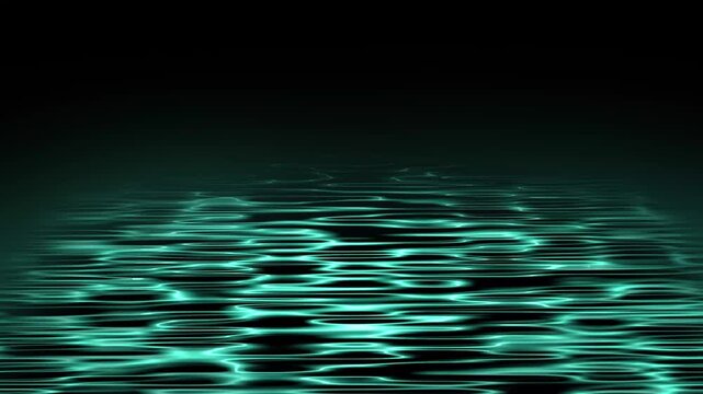 Futuristic silver neon water wave ripples surface animation on dark background, abstract neon ocean wave perspective floor overlay loop, dynamic fluid caustics pattern overlay.4k loop animation