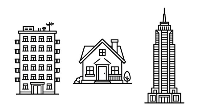 Building and city icon collection isolated on transparent background line art