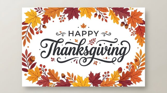 Gorgeous autumn leaves in vibrant fall colors beautifully frame a handwritten happy thanksgiving message on a clean white backdrop ideal for holiday cards