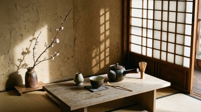 Traditional Japanese matcha tea ceremony set on wooden table in tearoom